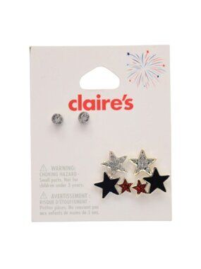 Claires Star and Rhinestone Stud Earrings Set Patriotic Red Blue Silver